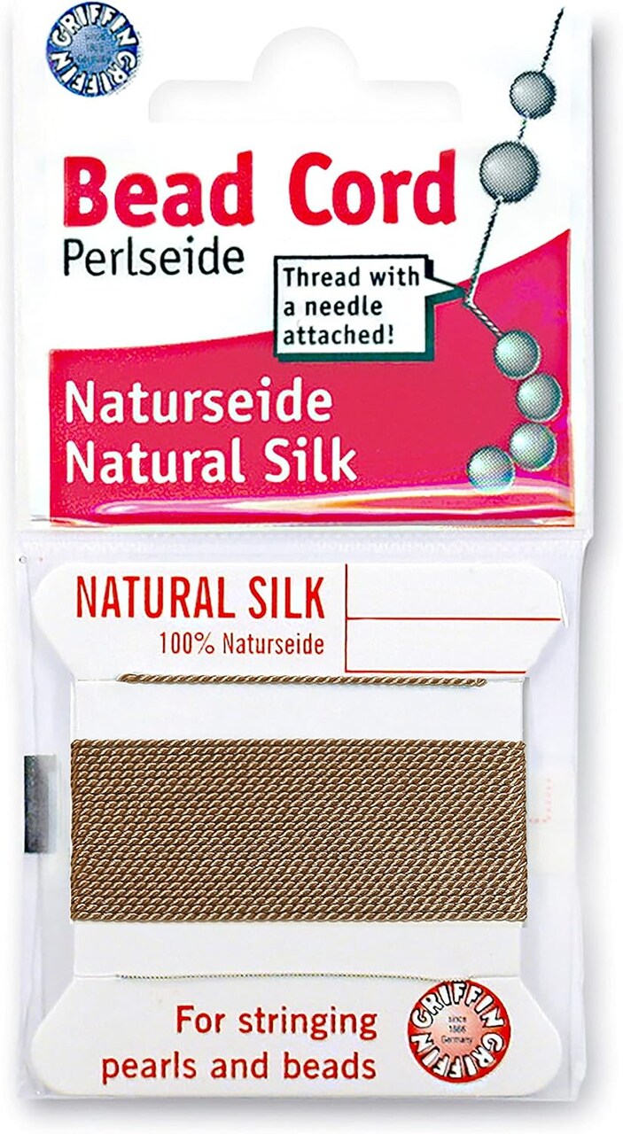 Griffin Silk Bead Cord Perlseide – Size 12 (0.98mm) – 2 Meters per Card – Stainless Steel Needle Attached – for Knotting Pearls, Gemstones, Crystals and Beads